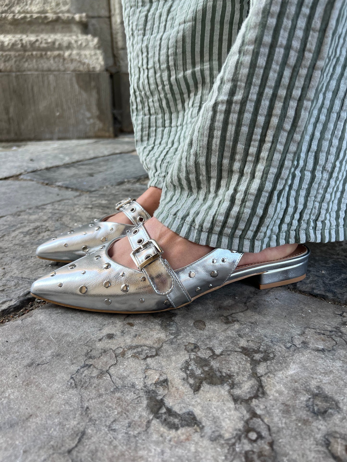 Sandy green- Striped cotton gauze pants