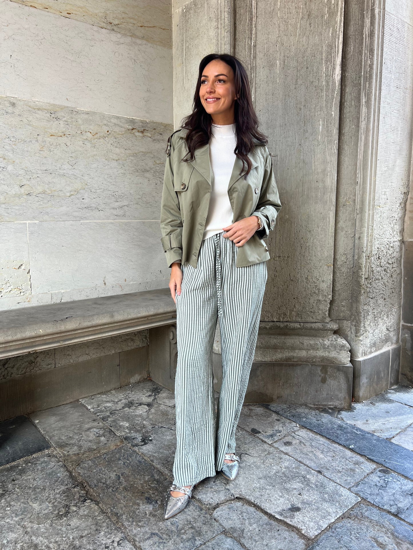 Sandy green- Striped cotton gauze pants