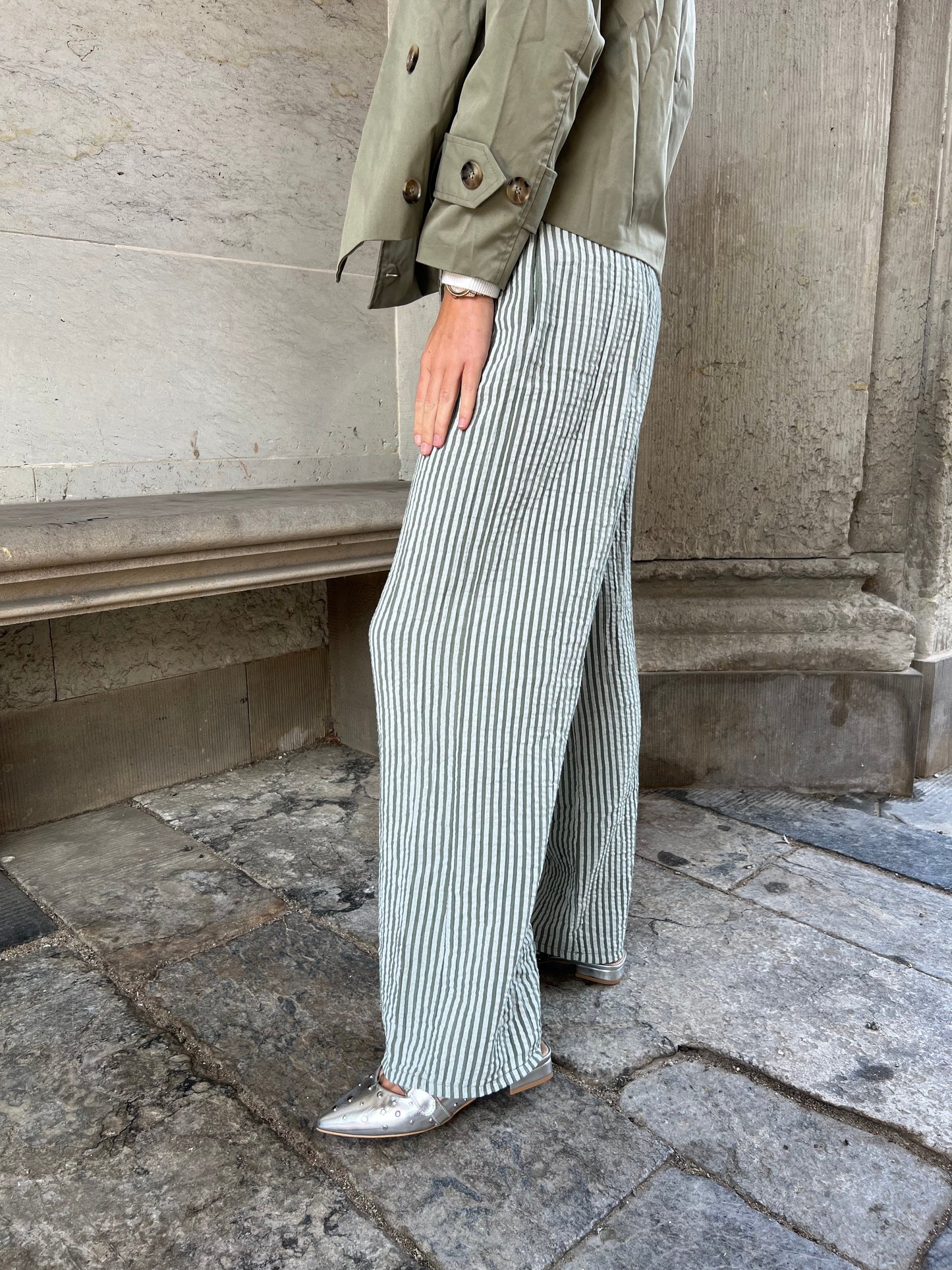 Sandy green- Striped cotton gauze pants