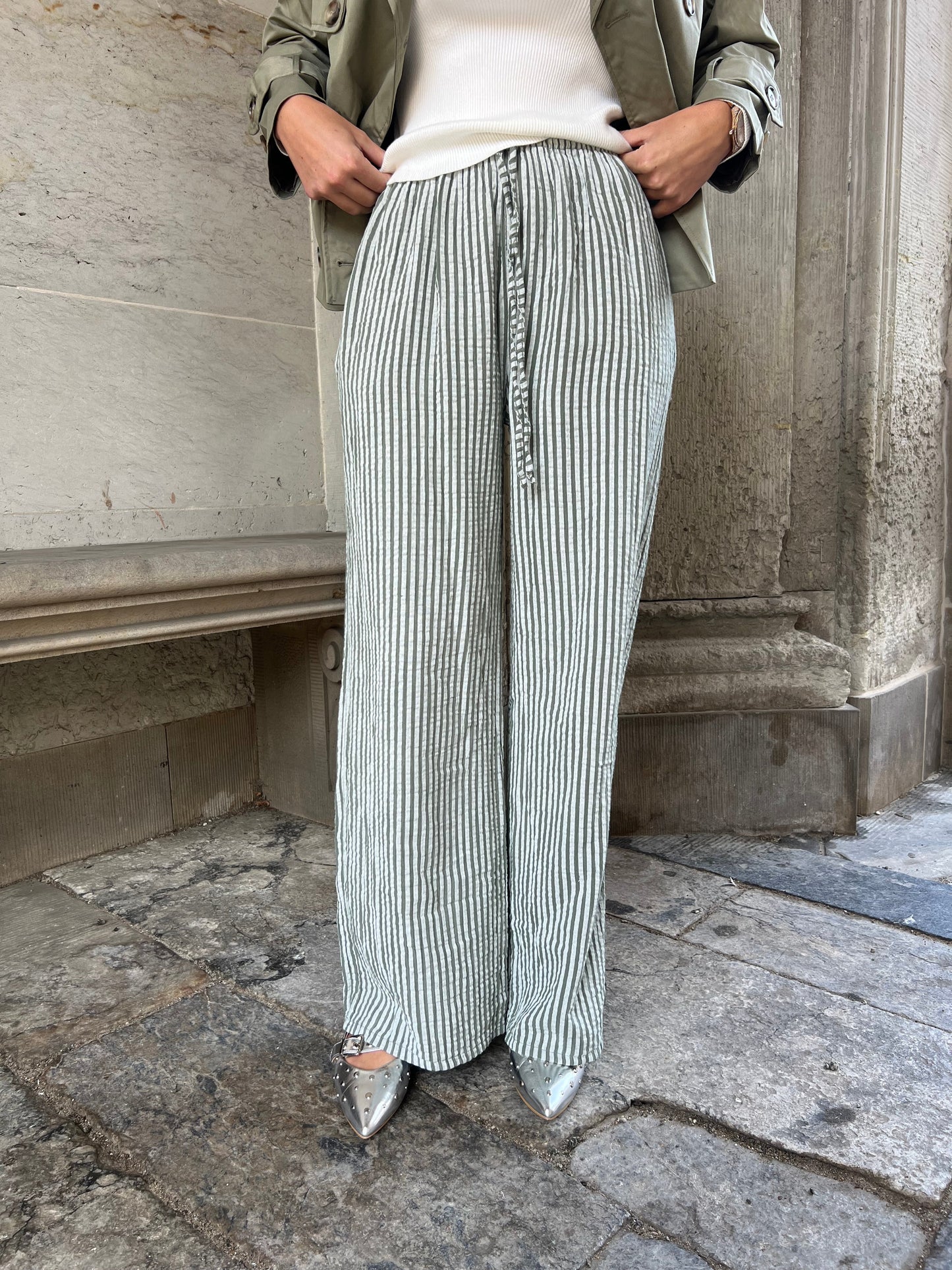 Sandy green- Striped cotton gauze pants