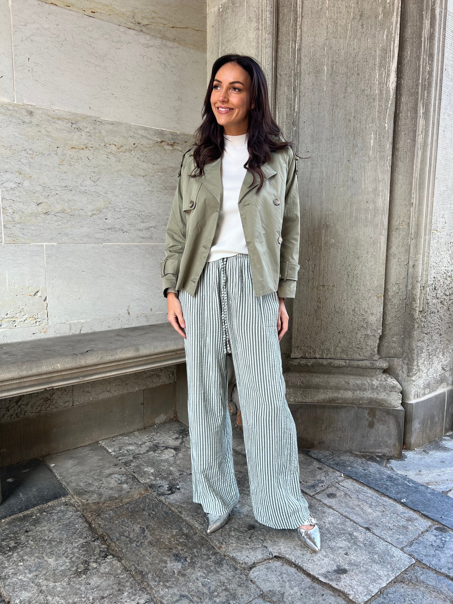Sandy green- Striped cotton gauze pants
