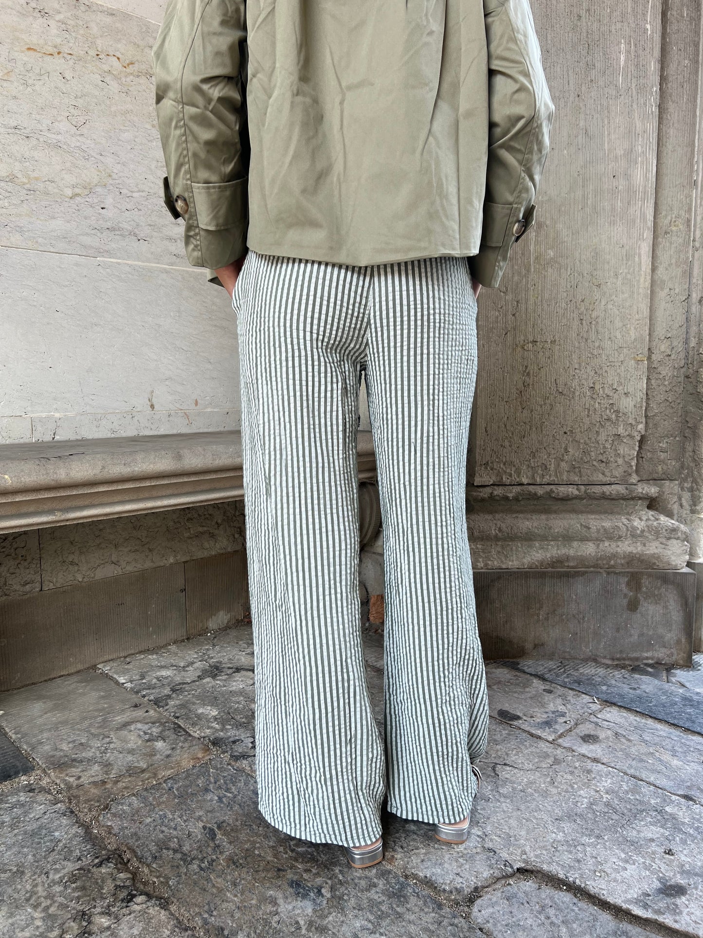 Sandy green- Striped cotton gauze pants