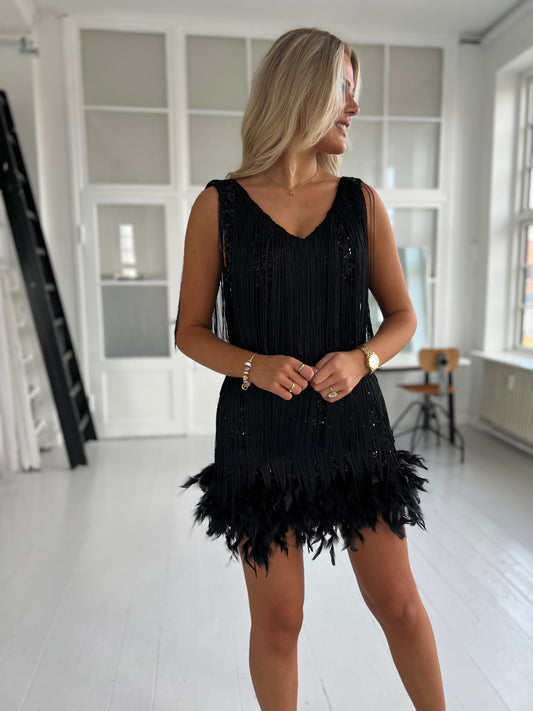 Soky black dress with fringe-kjole-Aaberg Copenhagen