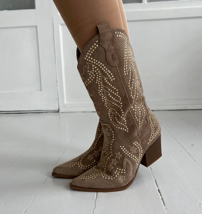 Ideal khaki rhinestone boot (7615) - Fremviser rhinestone detaljer - fra webshoppen Aaberg Copenhagen